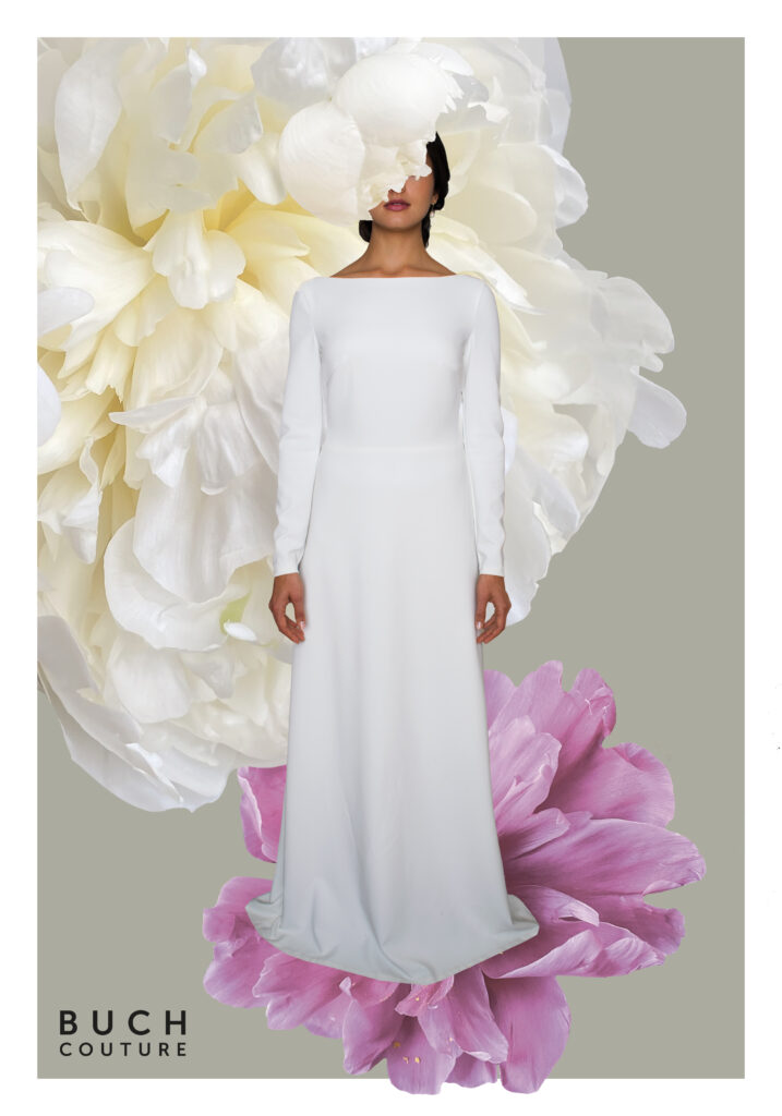 Smuk enkel og minimalistisk brudekjole med bådudskæring og lange ærmer med betrukne knapper